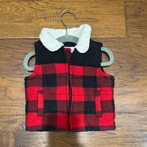 Old Navy Black and Red Plaid Vest with Sherpa Collar